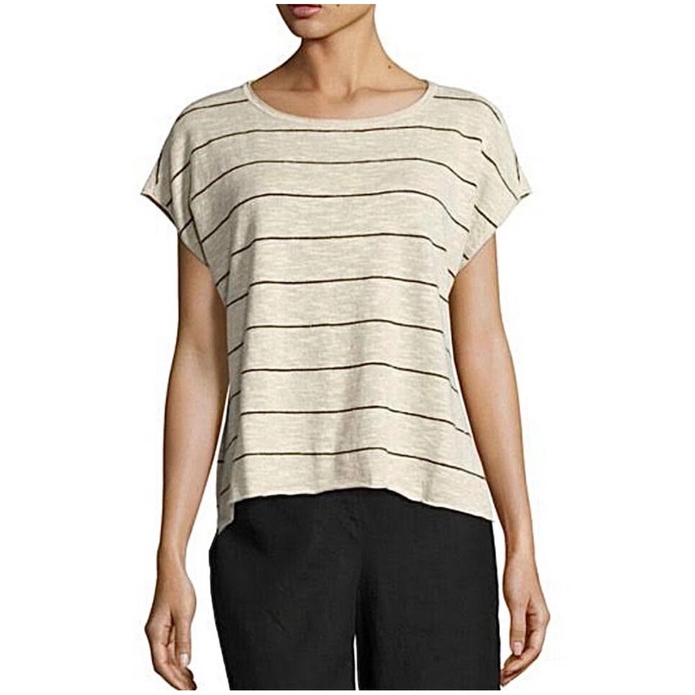Eileen Fisher Cream Striped Organic Linen Cotton Short Sleeve High Low Box Top L